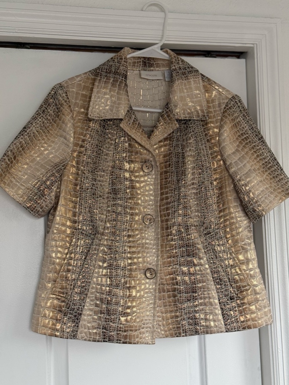Chicos Metallic Croc-Embossed Short-Sleeve Jacket - Gold & Bronze